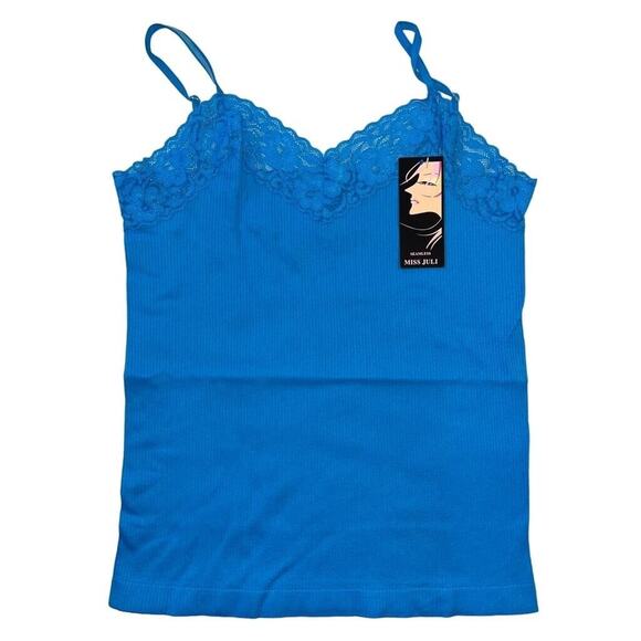 Miss Juli Womens Lace Trim Camisole Cami Blue Seamless Spaghetti Strap Tank Top - Picture 1 of 7